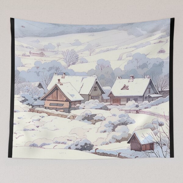 Item preview, 80s Retro Anime Snowy Village Landscape designed and sold by Animania-AnimeS.