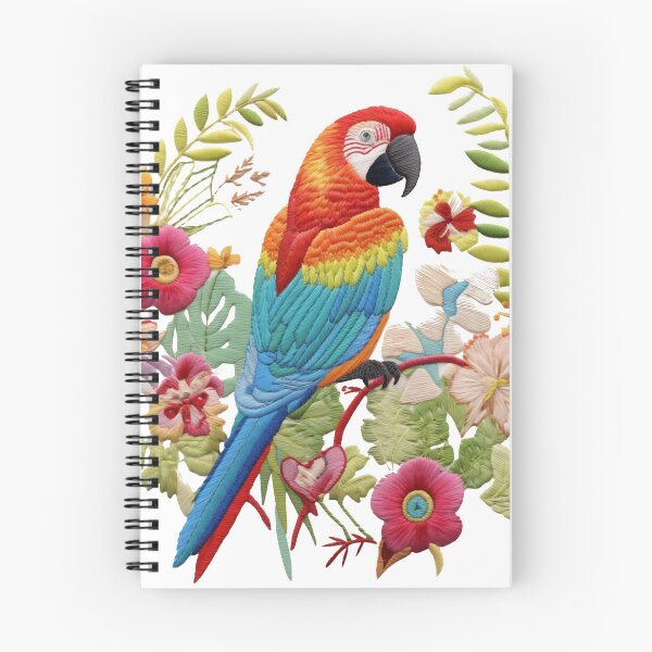 Artikelvorschau, Regenbogen-Amazonas-Papagei-Vogel mit Blumen, floraler Stickerei, Vintage-Stickerei, Cottage-Kern, bunter Musterfaden entworfen und verkauft von TankandDPS.