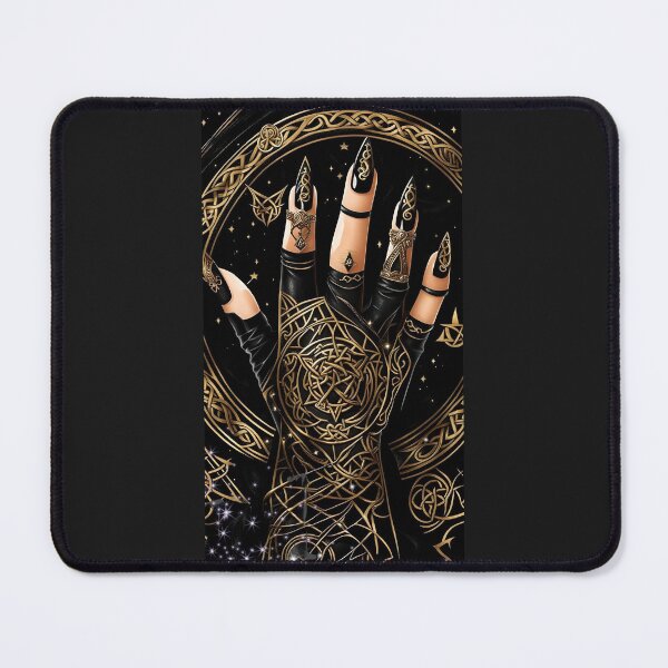 Item preview, cosmic female hand, on black and gold starry background with decorated nails, protection, Celtic symbolism designed and sold by Creativesphotos.