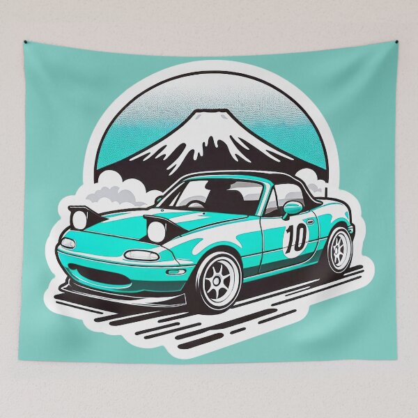 Item preview, Turquoise Miata NA 10 in front of a mountain designed and sold by mugooooo.