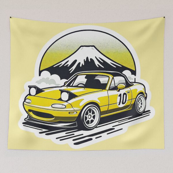 Item preview, Yellow Miata NA 10 in front of a mountain  designed and sold by mugooooo.