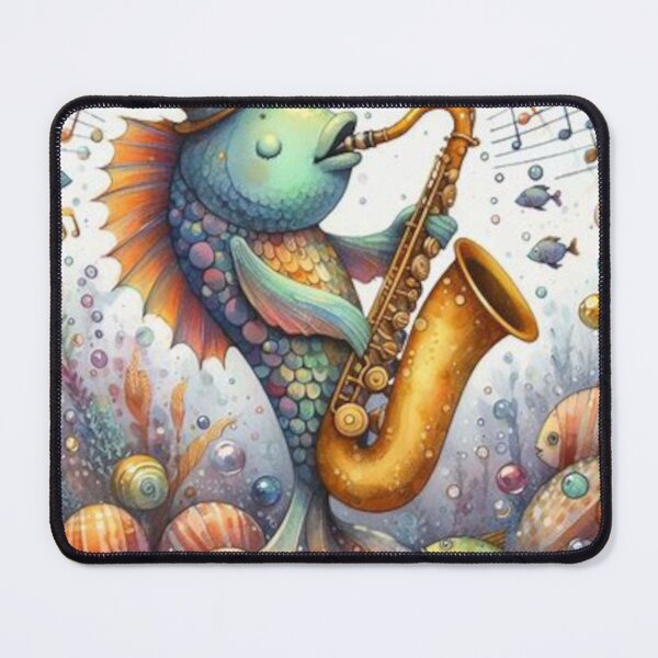Item preview, Green and gold fish playing the saxophone designed and sold by ElegantTeaTime.