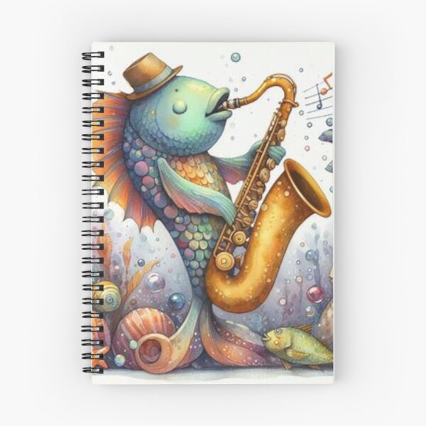 Item preview, Green and gold fish playing the saxophone designed and sold by ElegantTeaTime.