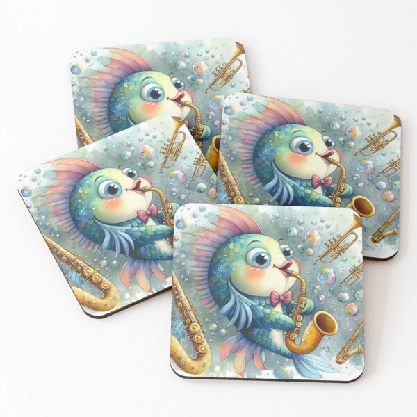 Item preview, Cute baby blue green yellow and pink fish playing the saxophone surrounded by bubbles designed and sold by ElegantTeaTime.