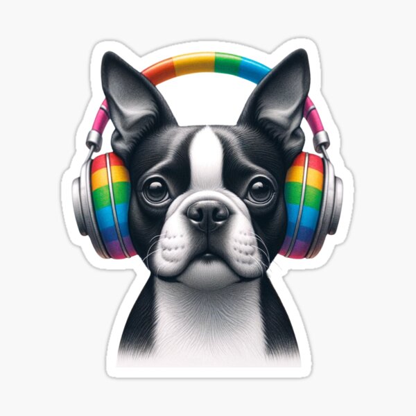 Item preview, Boston Terrier wearing Rainbow Headphones  designed and sold by CharmStudio.