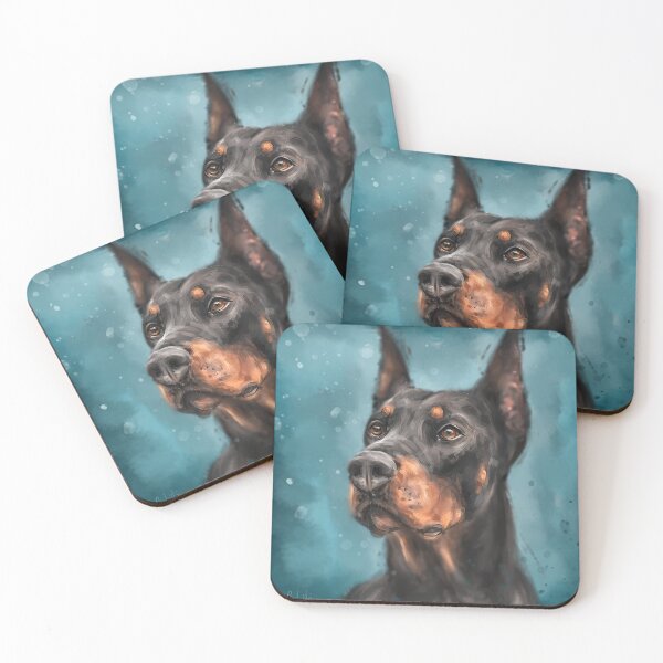 Item preview, Painting of a Gorgeous Black and Gold Doberman on Dark Blue Background designed and sold by ibadishi.