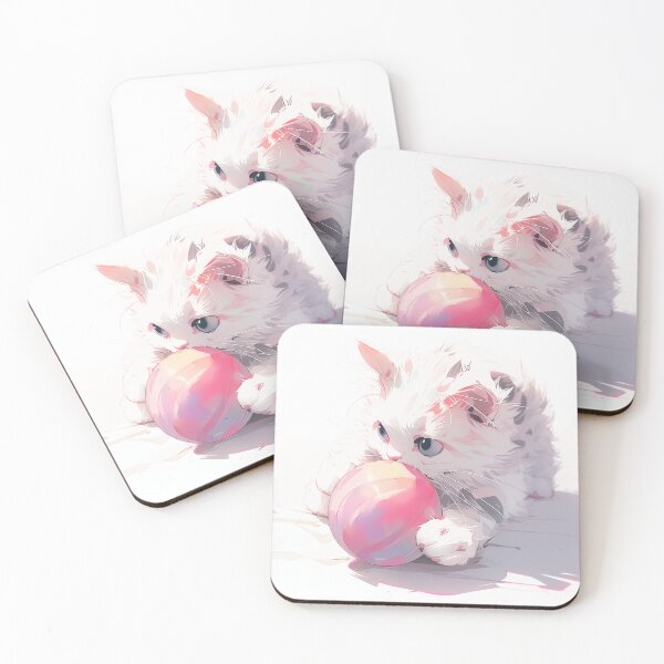 Item preview, white cat playing pink ball designed and sold by phoboww.