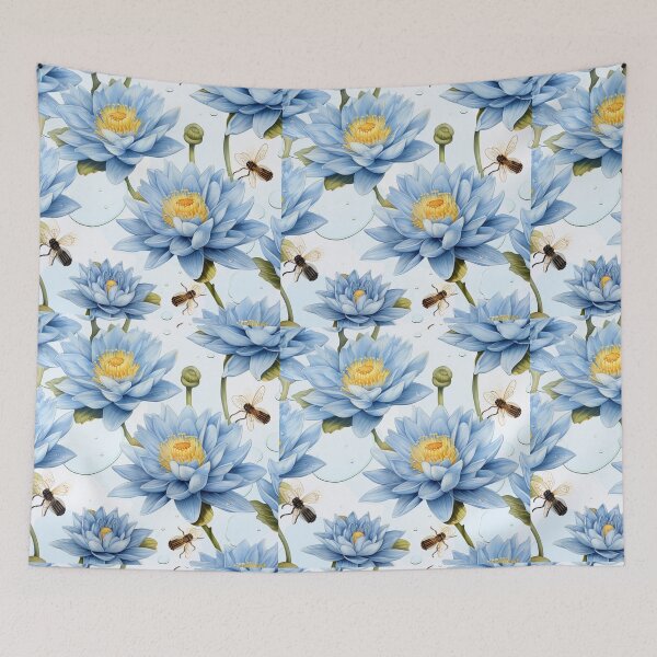 Item preview, Blue lotus in a pond with bees seamless pattern designed and sold by ThaiArtShop.