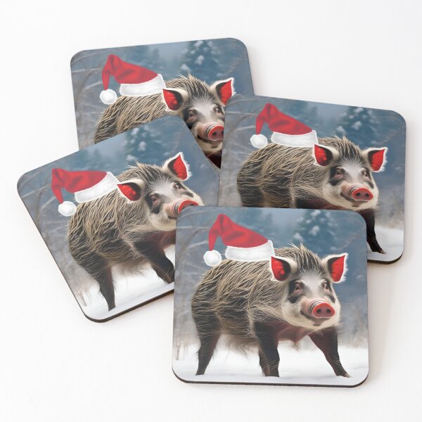 Item preview, WILD RAZORBACK HOG WITH CHRISTMAS HAT designed and sold by PIGCASSOSAIART.