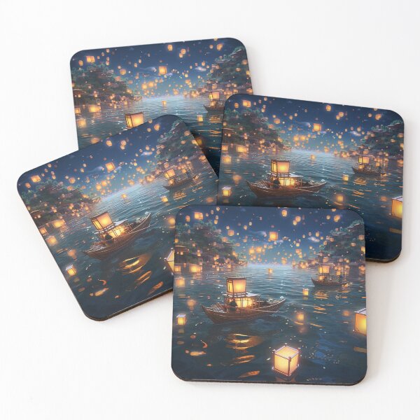 Item preview, Lanterns in and above lake with boats designed and sold by zand-n-zive.