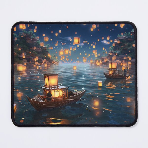 Item preview, Lanterns in and above lake with boats designed and sold by zand-n-zive.