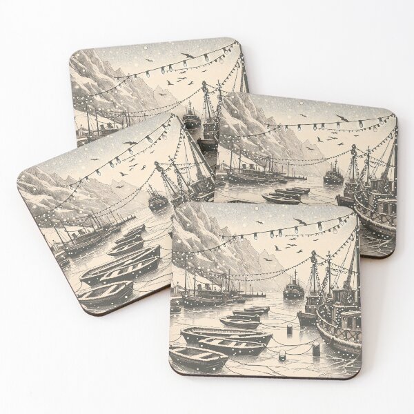 Item preview, Snowy Night at the Mountainous Harbor designed and sold by PictorialWhimsy.