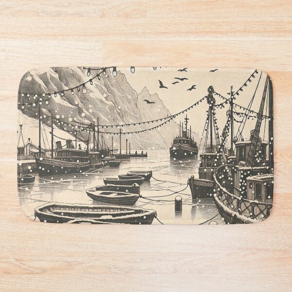 Item preview, Snowy Night at the Mountainous Harbor designed and sold by PictorialWhimsy.