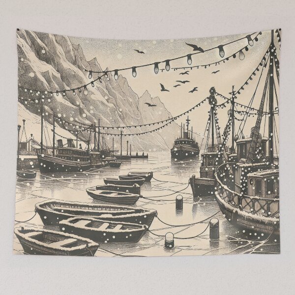 Item preview, Snowy Night at the Mountainous Harbor designed and sold by PictorialWhimsy.