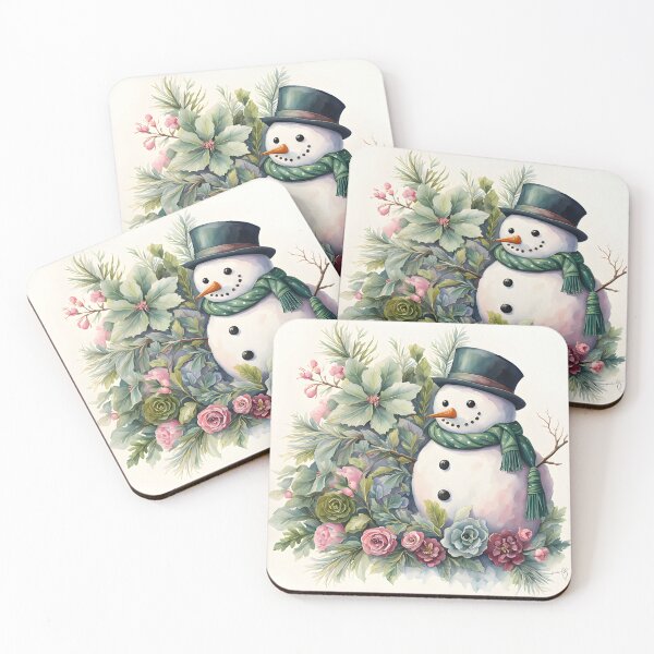 Item preview, Snowman in water color in shades of pink and green designed and sold by DesignsbyVelvet.