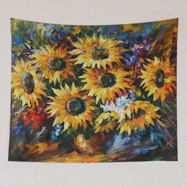 Aperçu de l'œuvre Tournesols jaunes dans la pièce, fleurs dans un vase, nature morte, Leonid Afremov créée et vendue par clon-dot-net.