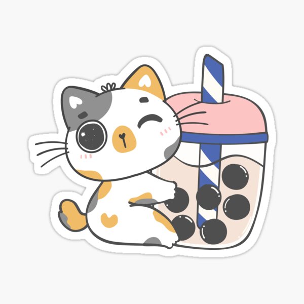 Item preview, Kawaii Doodle: Calico Cat Sipping Boba Tea - Adorable Boba Bliss designed and sold by Jan-Natsicha.