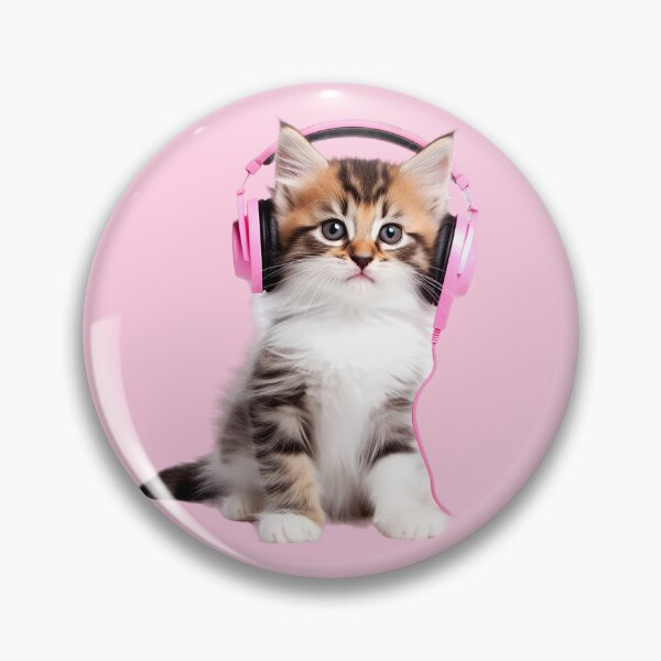 Item preview, a tricolor kitten wearing pink headphones and enjoying music, presented in high resolution at 300 dpi designed and sold by SOPIZiLA.