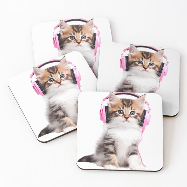 Item preview, a tricolor kitten wearing pink headphones and enjoying music, presented in high resolution at 300 dpi designed and sold by SOPIZiLA.