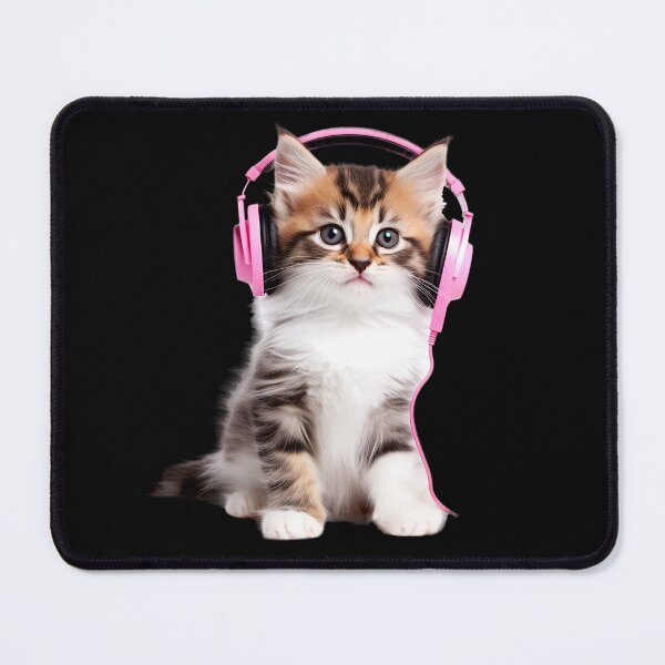 Item preview, a tricolor kitten wearing pink headphones and enjoying music, presented in high resolution at 300 dpi designed and sold by SOPIZiLA.