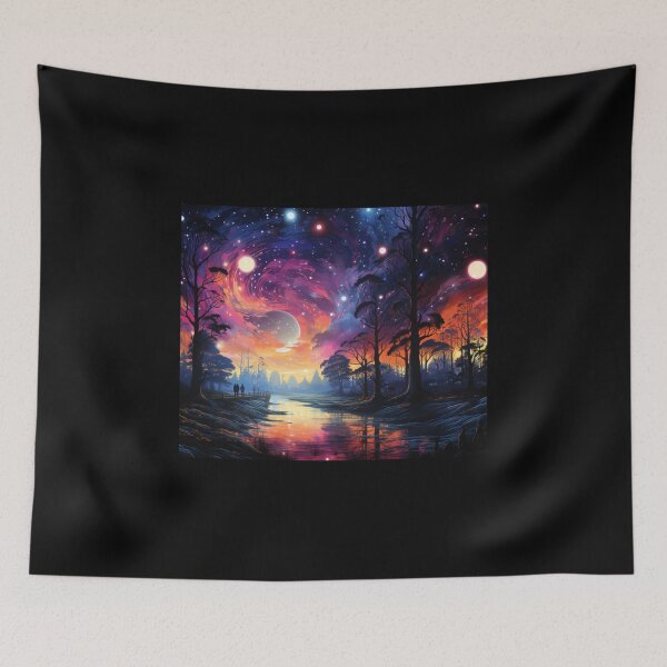 Item preview, digital art night sky moon star river tree designed and sold by UILOVE.