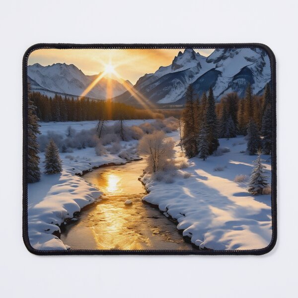 Artikelvorschau, Nebliger Wald im Winterschnee bei Sonnenuntergang mit Fluss-Langzeitbelichtung - Landschaftsfotografie entworfen und verkauft von TheArtistOf2022.