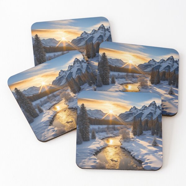 Item preview, Misty forest in Winter snow at sunset with river long exposure - Landscape photography designed and sold by TheArtistOf2022.