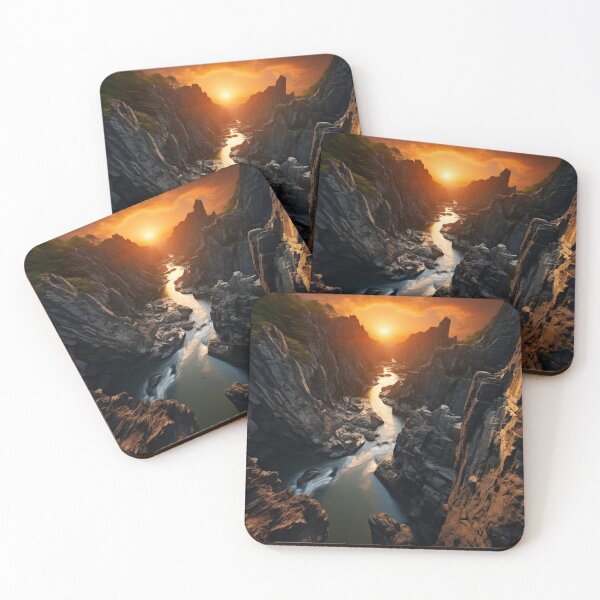 Item preview, Misty cliffs with river at sunset long exposure - Landscape photography designed and sold by TheArtistOf2022.