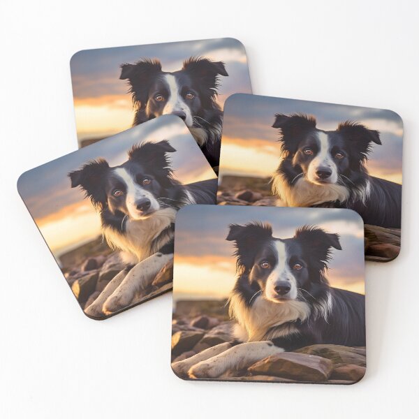 Item preview, Rough haired black and white border collie dog breed in nature photography at a sunset designed and sold by NBSStore.