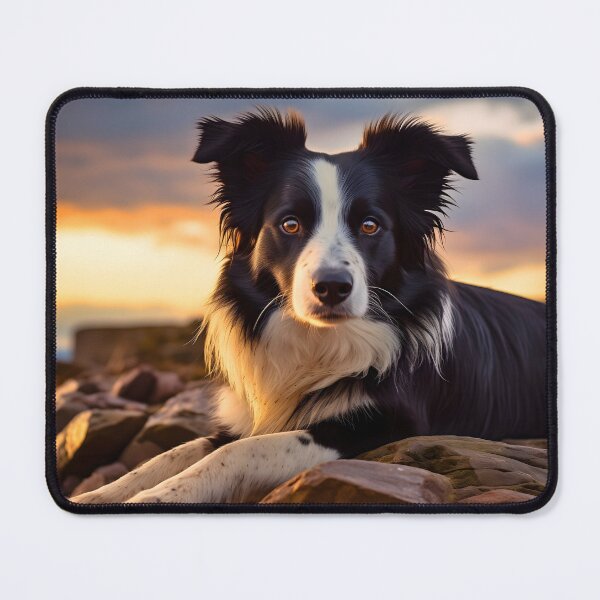 Item preview, Rough haired black and white border collie dog breed in nature photography at a sunset designed and sold by NBSStore.
