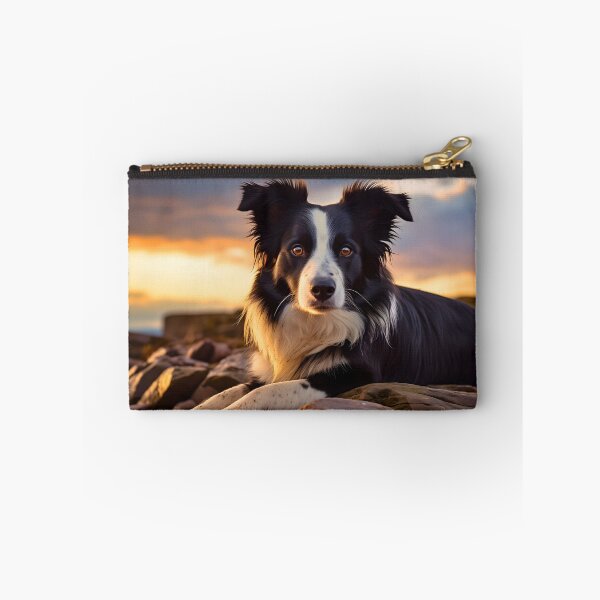 Item preview, Rough haired black and white border collie dog breed in nature photography at a sunset designed and sold by NBSStore.