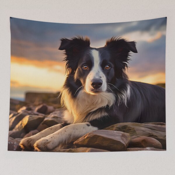 Item preview, Rough haired black and white border collie dog breed in nature photography at a sunset designed and sold by NBSStore.