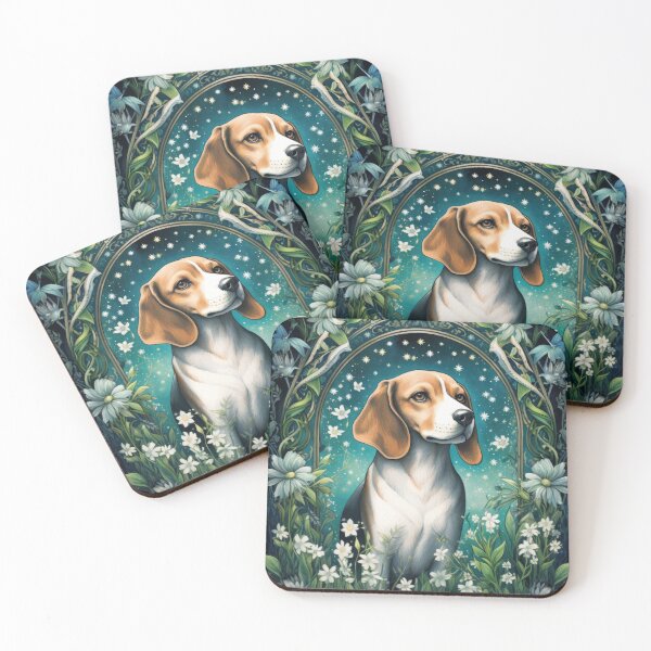 Item preview, Beagle dog in retro vintage art style with blue flowers designed and sold by WallyPink.