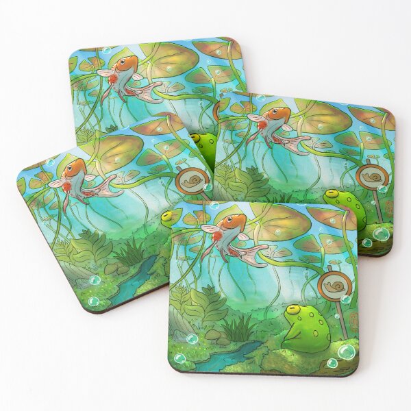 Item preview, peaceful underwater lilypads with frog and koi fish art designed and sold by DingHuArt.