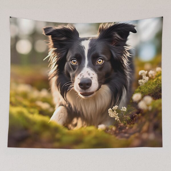 Item preview, Rough haired black and white border collie dog breed in nature photography at a sunset designed and sold by NBSStore.
