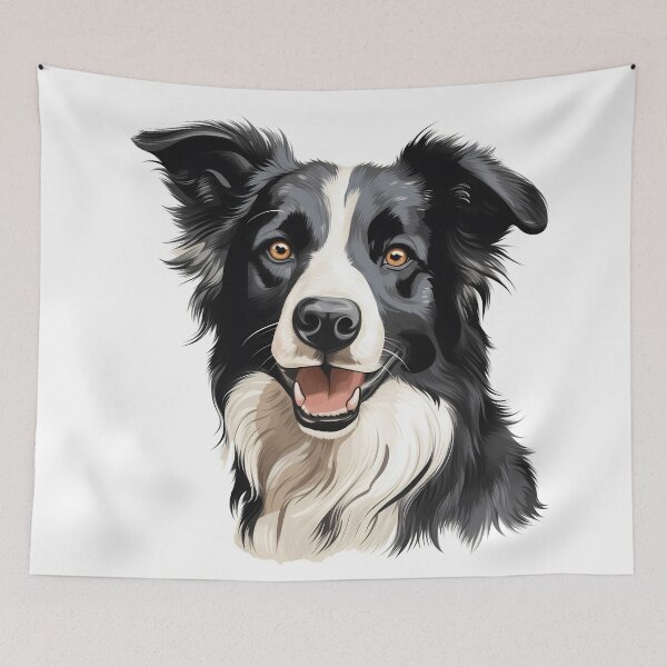 Item preview, Rough haired black and white border collie dog breed head illustration designed and sold by NBSStore.