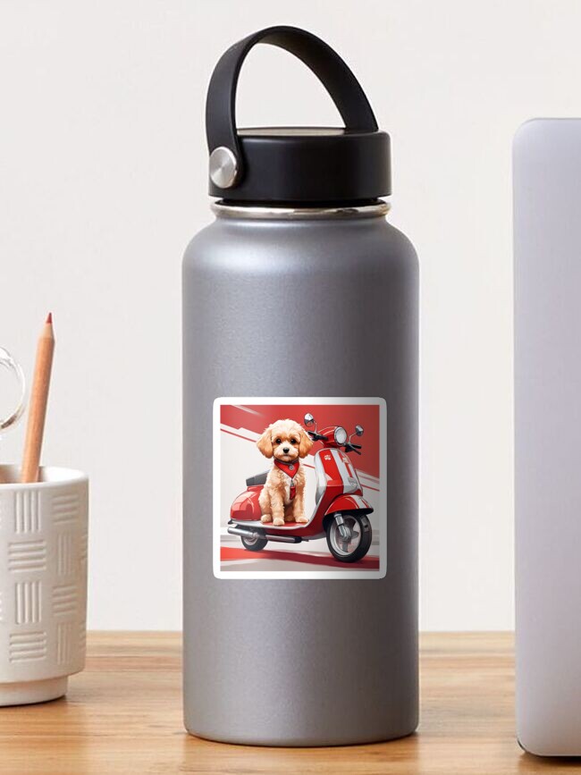 Sticker, Cute Cavapoo Dog on a Red and White Scooter designed and sold by inspire-gifts