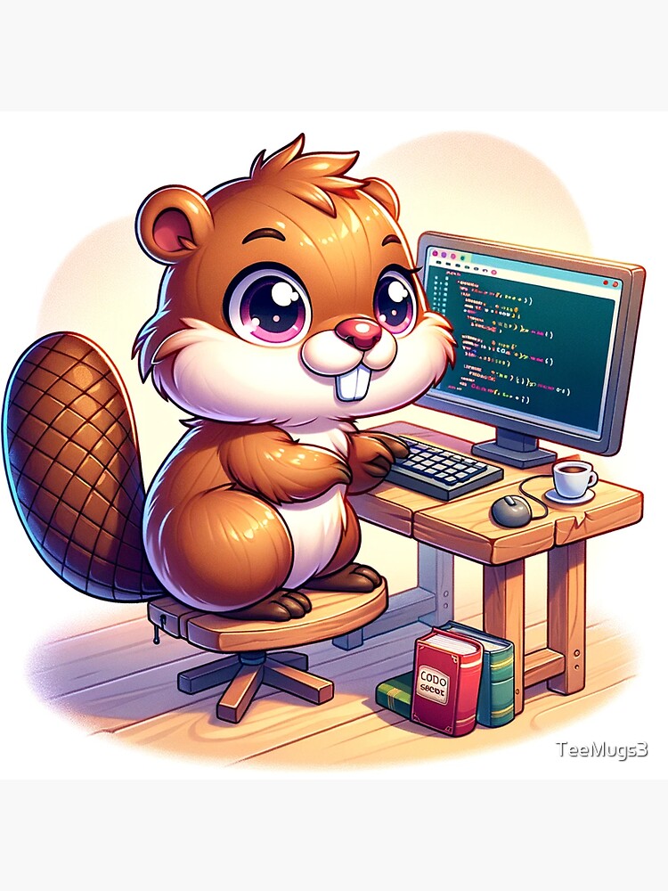Thumbnail 3 of 3, Sticker, Beaver Learning How to Code designed and sold by TeeMugs3.