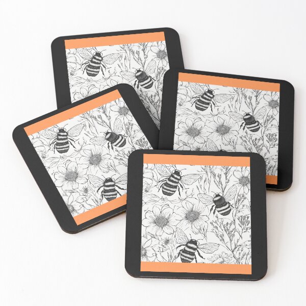 Artikelvorschau, Hummeln und Wildblumen, schwarze Linienzeichnung, Musterdesign entworfen und verkauft von EarthArtDesigns.