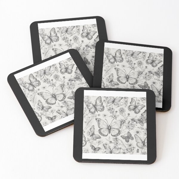 Artikelvorschau, Schmetterlinge und Wildblumen, schwarze Linienzeichnung, Musterdesign entworfen und verkauft von EarthArtDesigns.