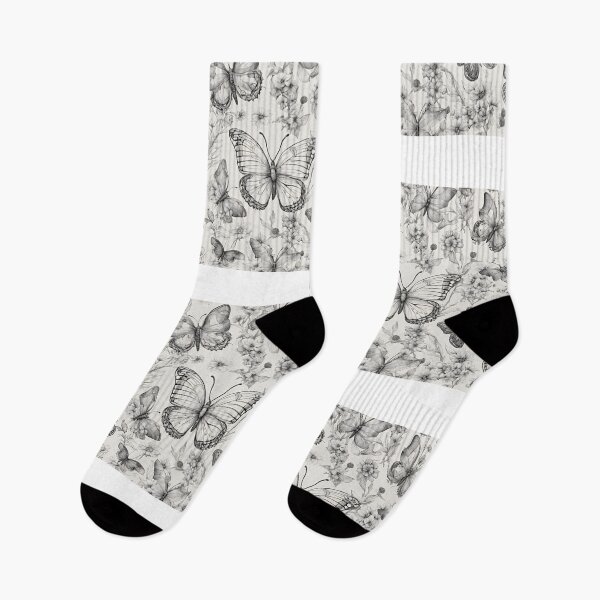 Artikelvorschau, Schmetterlinge und Wildblumen, schwarze Linienzeichnung, Musterdesign entworfen und verkauft von EarthArtDesigns.