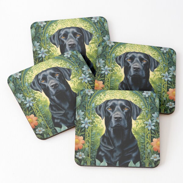 Item preview, black labrador retriever dog art in retro vintage style with flowers designed and sold by retriever-dogs.