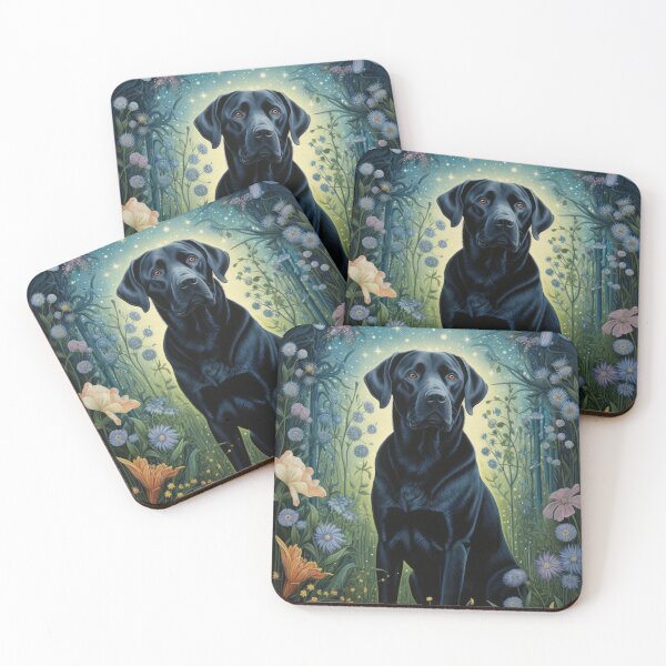 Item preview, black labrador retriever dog art in retro vintage style with flowers designed and sold by retriever-dogs.