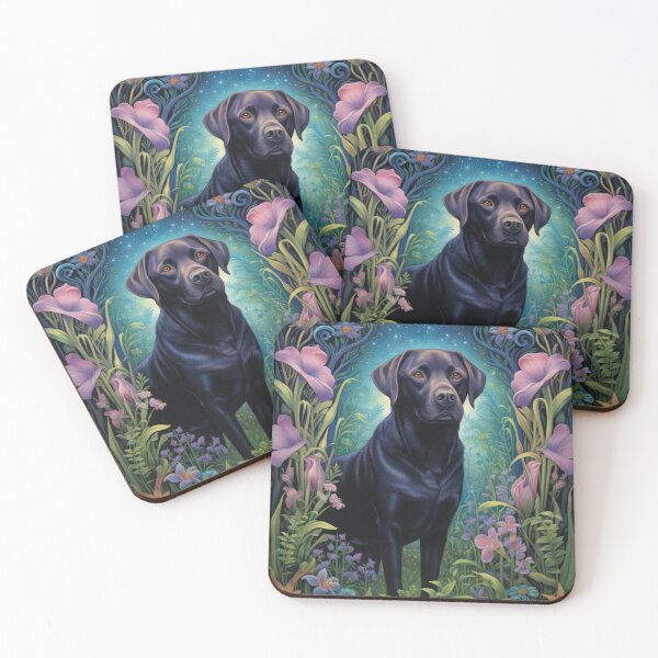 Item preview, black labrador retriever dog art in retro vintage style with flowers designed and sold by retriever-dogs.