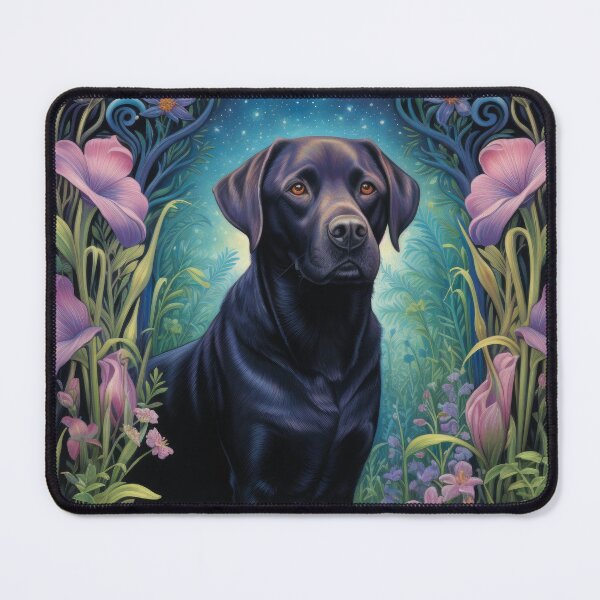 Item preview, black labrador retriever dog art in retro vintage style with flowers designed and sold by retriever-dogs.