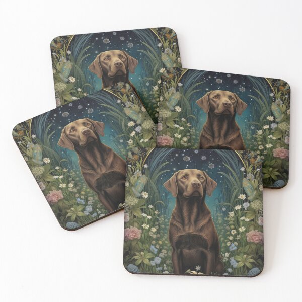 Item preview, brown Labrador Retriever dog art in retro vintage style with flowers designed and sold by retriever-dogs.