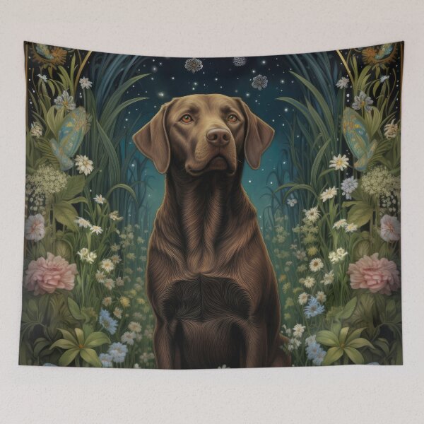 Item preview, brown Labrador Retriever dog art in retro vintage style with flowers designed and sold by retriever-dogs.