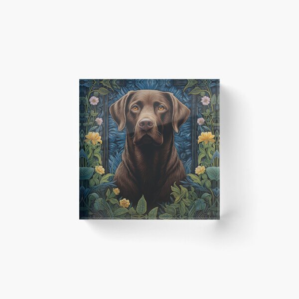 Item preview, brown Labrador Retriever dog art in retro vintage style with flowers designed and sold by retriever-dogs.