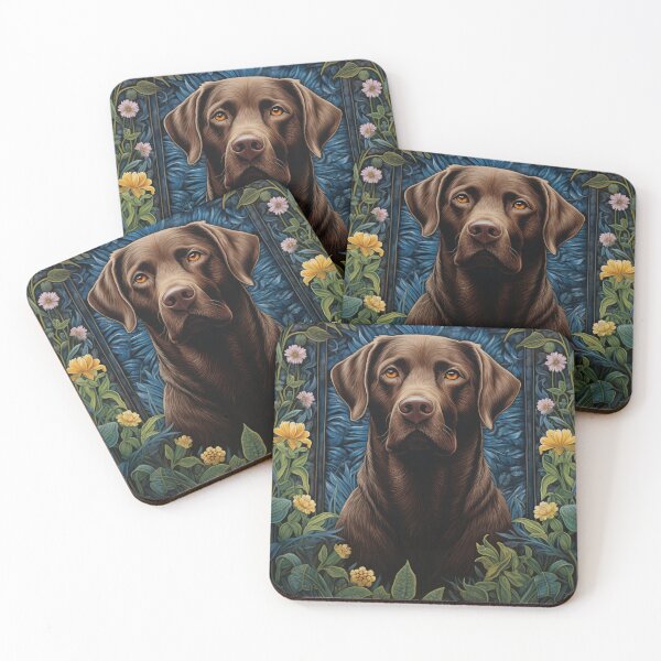 Item preview, brown Labrador Retriever dog art in retro vintage style with flowers designed and sold by retriever-dogs.