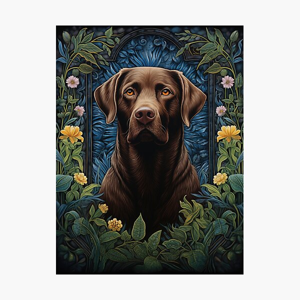 Item preview, brown Labrador Retriever dog art in retro vintage style with flowers designed and sold by retriever-dogs.